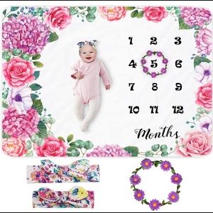 Baby Girl | Monthly Milestone Blanket | Rose Floral Wreath and Headband Included